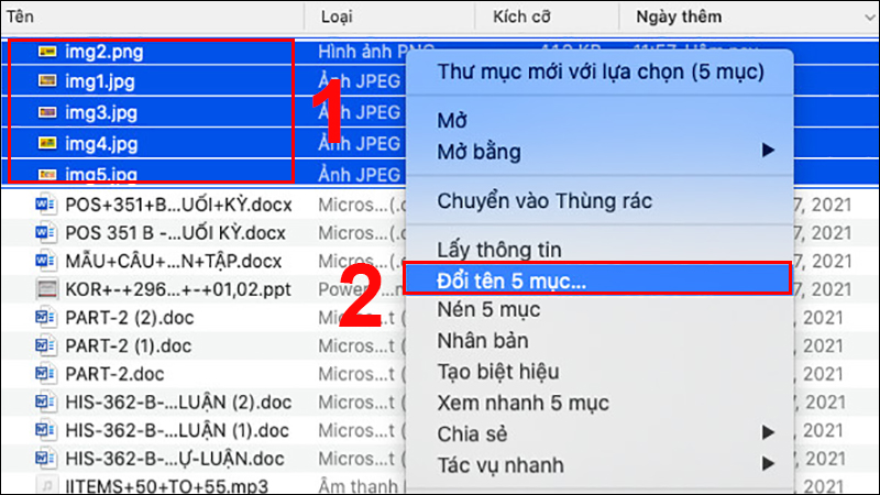 Click chuột phải, chọn Đối tên 5 mục… 